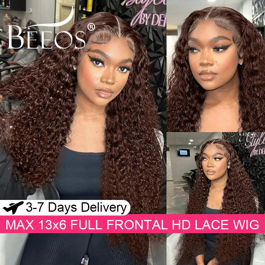 Ultra Fitted Dark Brown 13X6 HD Transparent Lace Full Frontal Wigs Human Hair Water Wave Colored Curly Wigs 100% Human Hair Remy