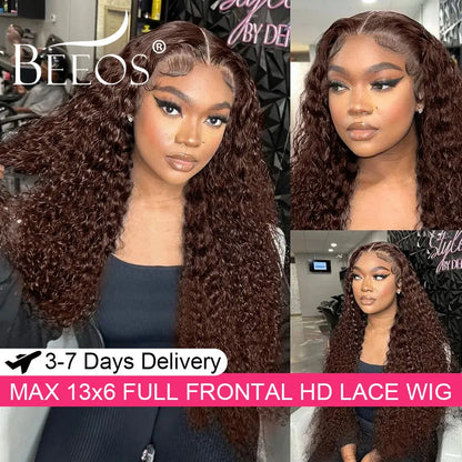 Ultra Fitted Dark Brown 13X6 HD Transparent Lace Full Frontal Wigs Human Hair Water Wave Colored Curly Wigs 100% Human Hair Remy