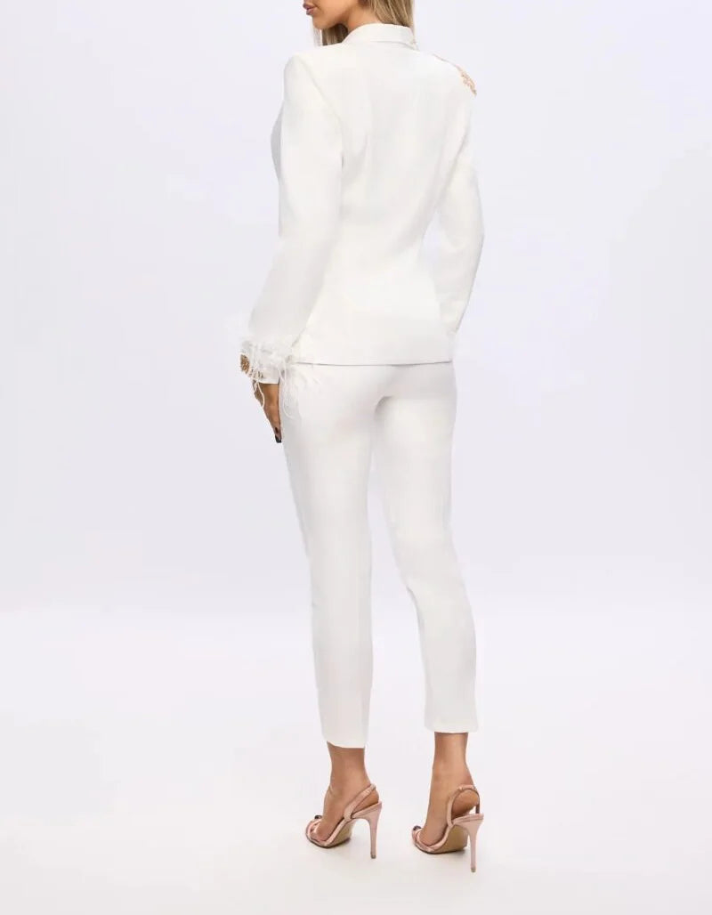 Women's Dresses Suit Gowns Elegant Peaked Lapel Appliques Jacket Coat And Pants For Female Satin 2 Pieces Suit Customized W75