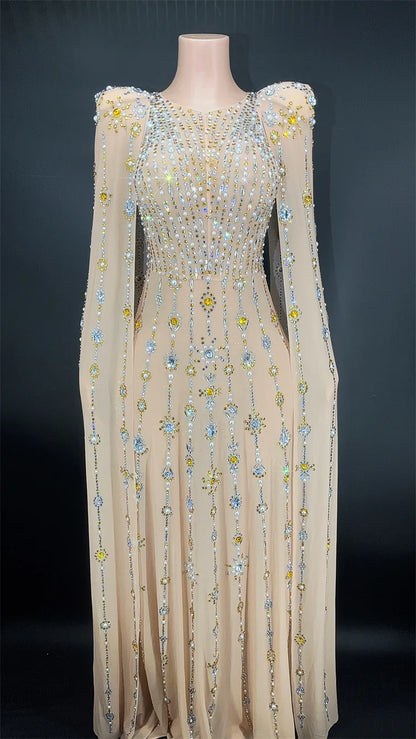 Glamour Party Dresses Said Dubai Luxury Crystal Long Cape Sleeves Evening Dress Arabic Women High-end Wedding Dress party Gown