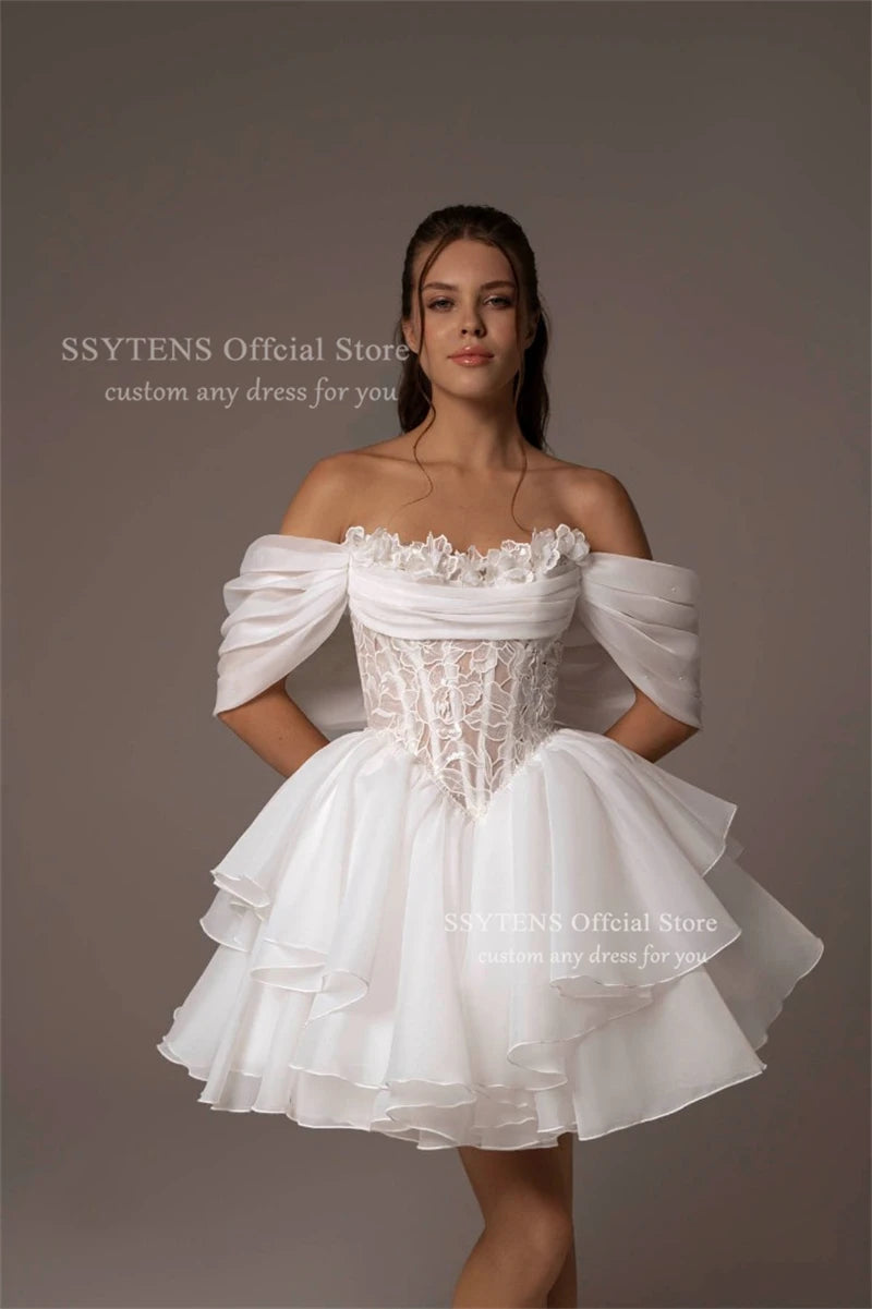 SSYTENS Chic Mini Wedding Dresses Ruffled Bride Dresses Tiered Organza Off Shoulder White A Line Robes De Celebrity Customized
