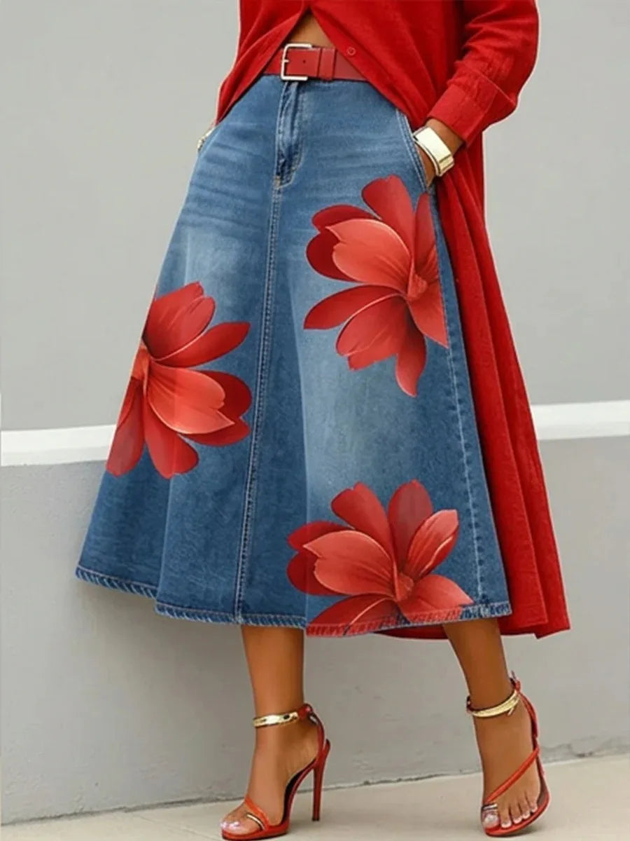 Denim Skirts Women Mid Length Skirt A Line Floral Print Pockets Elegant Splice Y2k Streetwear Work Beach Casual Washed Summer