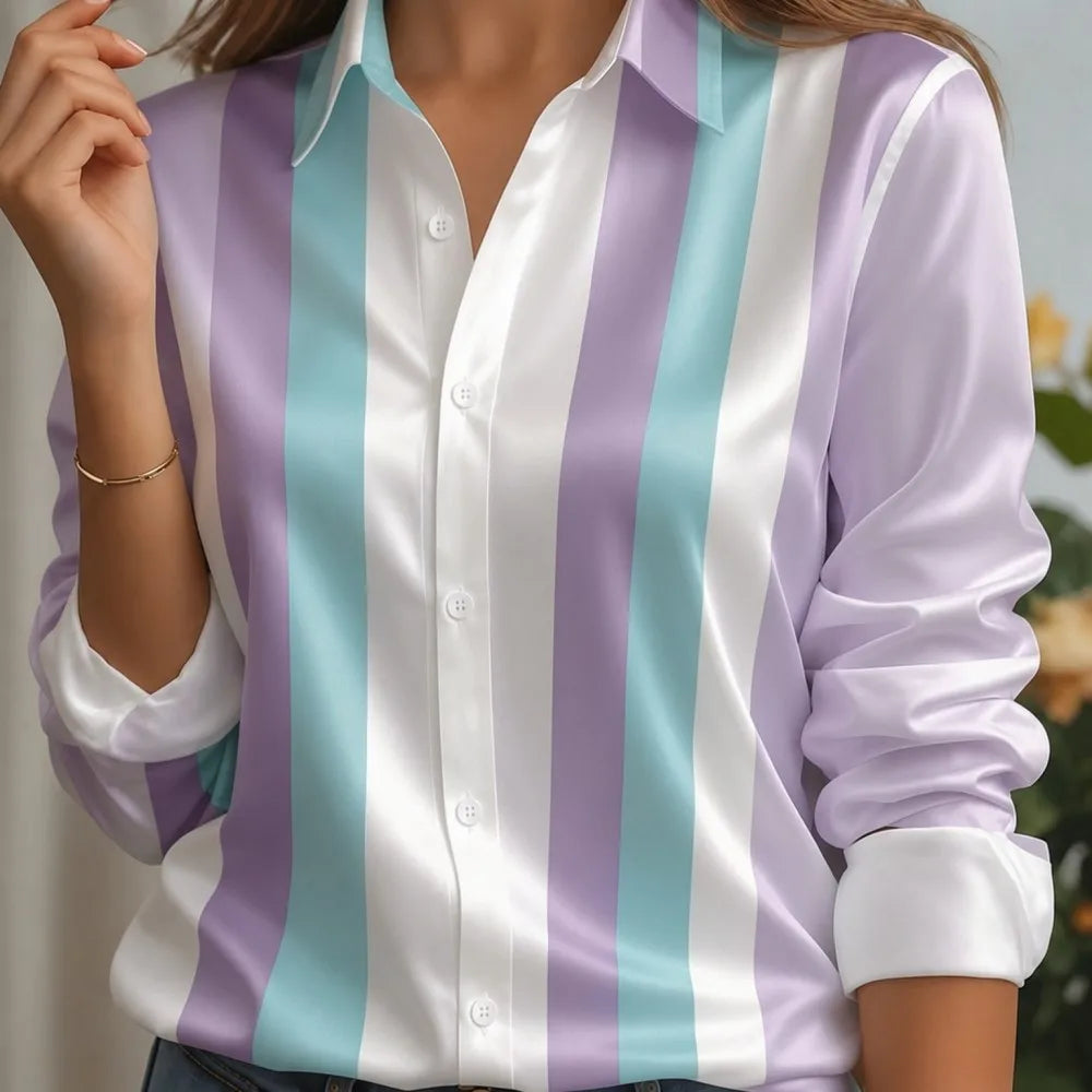 Women Satin Lapel Collar Shirt Pastel Striped Print Long Sleeve Loose Blouse Elegant Office Daily Casual Button Front Silk Feel