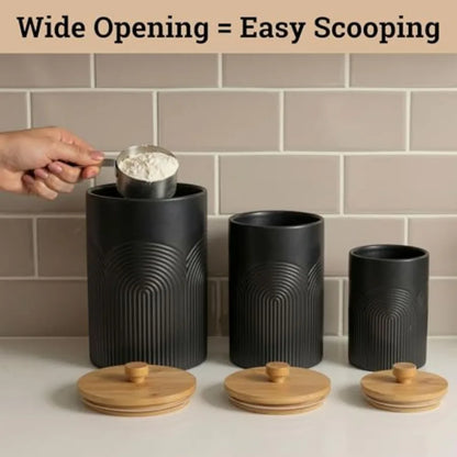 Ceramic Kitchen Canisters for Countertop Set of 3 with Airtight Bamboo Lids - Kitchen Canisters with Airtight Lids - Flour Suga