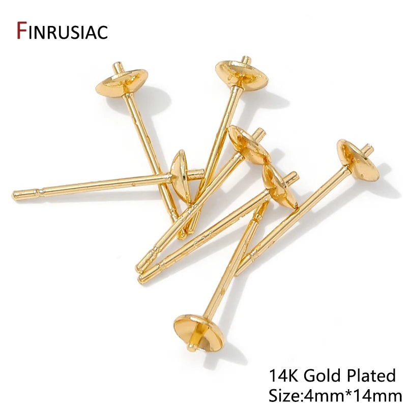 14K Gold Plated Brass Earring Stud Base Blank Post Ear Studs Tray Earplug For Pearl DIY Earring Making Accessories