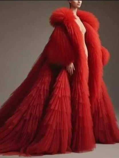 Red Fluffy Pleated Ruffled Long Sleeved Cloak Fluffy Tiered Tulle Long Women Jacket Lush Cape Vest Outfit Female Outwear Coat