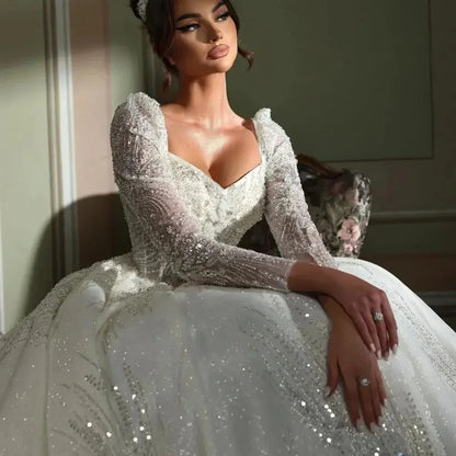 Beaded Long Wedding Dresses 2026 Modest Long Sleeve Bridal Gown Charming Princess Dresses For Bride Vestidos De Noiva Customized