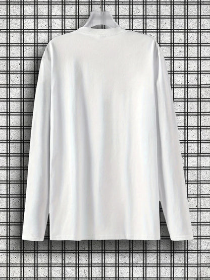 100% pure cotton men's long sleeved round neck loose casual freedom letter pattern printed spring and autumn versatile T-shirt