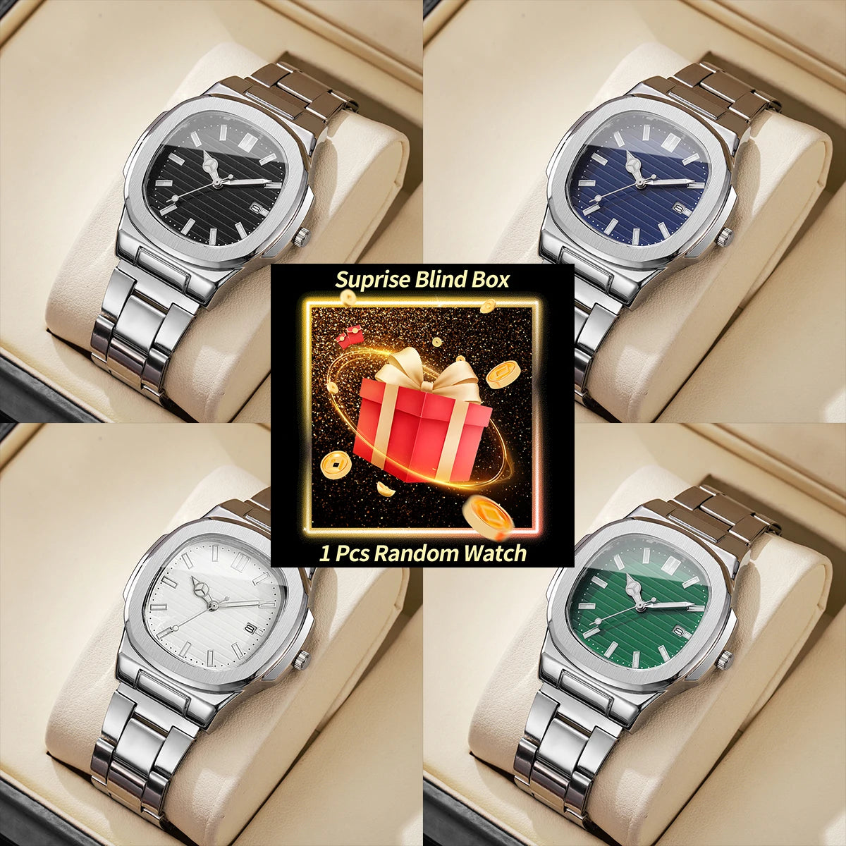 1PC Surprise Watch Mystery Box-Fashion Square Men Business Watches Stainless Steel Calendar Quartz Watch （Without Box）