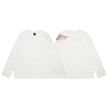 26ss DERSCHUTZE Long Sleeved White Waffle Patterned Cherry Blossom Embroidered T-shirt Loose Casual Top DERSCHUTZE Top Tee