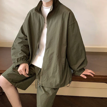 Men's Outdoor Summer Hiphop Sports Suit Casual Loose Sun Protection Thin Zipper Jacket with High Street Shorts Two-Piece Set