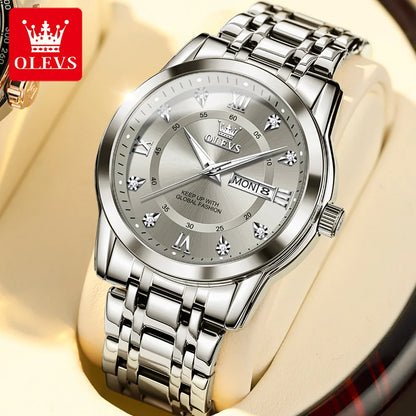 OLEVS Brand Fashion men's watches stainless steel waterproof Quartz wristwatch luminous Original watch for man Dual Calendar