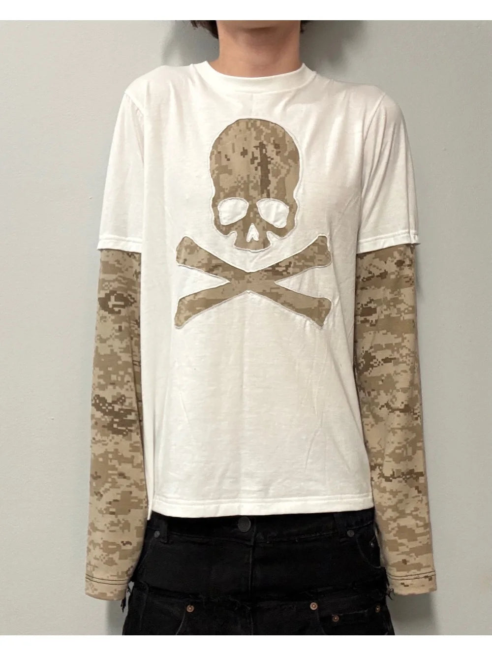 2026 new American retro camouflage skeleton fake two-piece spliced long sleeved top punk street trend fashion versatile niche