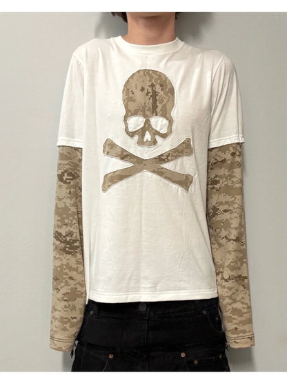 2026 new American retro camouflage skeleton fake two-piece spliced long sleeved top punk street trend fashion versatile niche