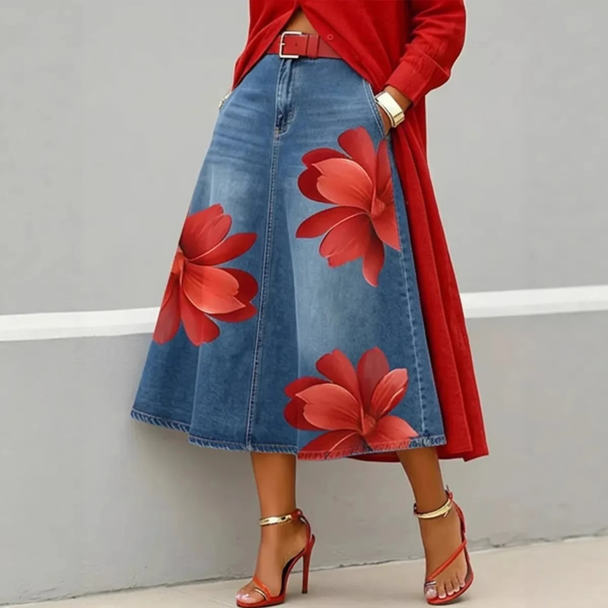 Denim Skirts Women Mid Length Skirt A Line Floral Print Pockets Elegant Splice Y2k Streetwear Work Beach Casual Washed Summer