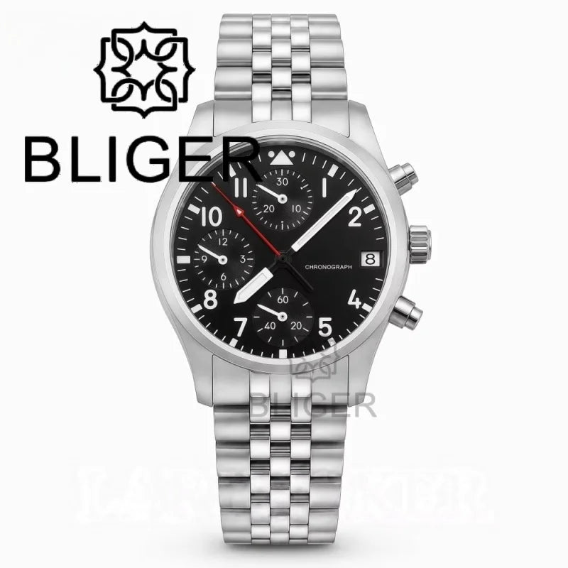 BLIGER Full Black Brushed 38mm VK67 Quartz Aviator Chronograph Watch For Men Domed Sapphire Glass Luminous Dial Waterproof Date