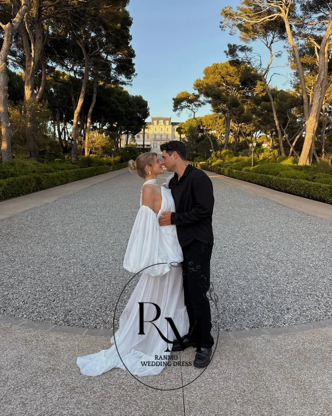 Ranmo Modern White Illusion Chiffon Long Women Party Dresses Off Shoulder With Puff Sleeves Pretty Wedding Party Dress
