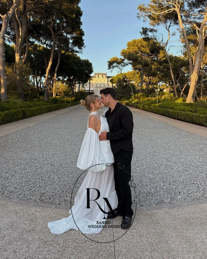 Ranmo Modern White Illusion Chiffon Long Women Party Dresses Off Shoulder With Puff Sleeves Pretty Wedding Party Dress