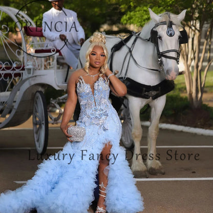 Sparkling Crystal Prom Dresses 2025 Tulle Pleats Side Slit Mermaid Evening Party Gown Strapless Customized robe de soiree dubaï