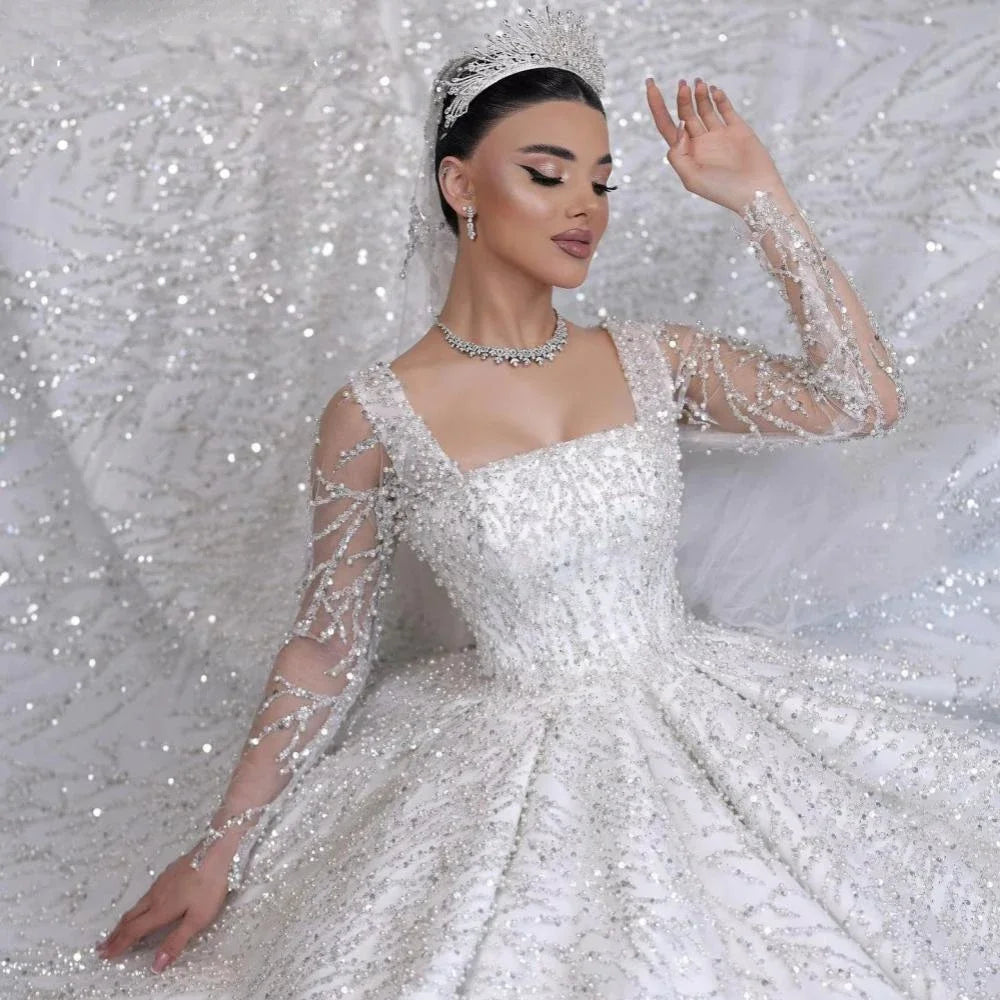 Gorgeous Square Collar Sparkling Princess Wedding Dress Long Sleeve Pearl Bride Dress Elegant Ball Party Dress Customized