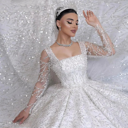 Gorgeous Square Collar Sparkling Princess Wedding Dress Long Sleeve Pearl Bride Dress Elegant Ball Party Dress Customized