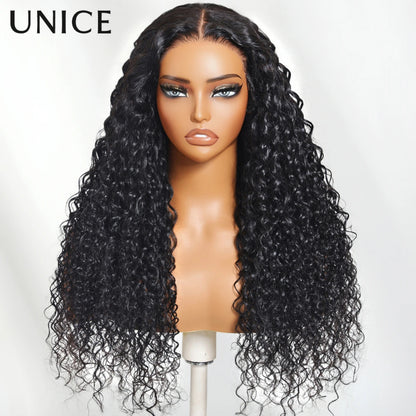 UNice Bye Bye Knots 7x5 Lace Water Wave Curly Wig With Drawstring Pre Cut Pre Bleached Glueless Wig Human Hair Ready To Wear