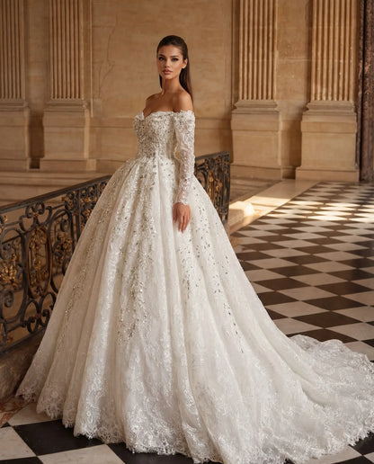 Luxury Crystal Beaded Prom Dresses Off Shoulder Long Sleeve A-line Wedding Dress Cathedral Tailored Retro Bride Dress Custom