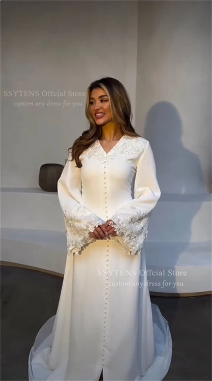 SSYTENS Modest Muslim Wedding Dresses Customized Brides Dress Appliques Ivory Nikkah Caftan Bridal Gowns Long Vestido De Noiva