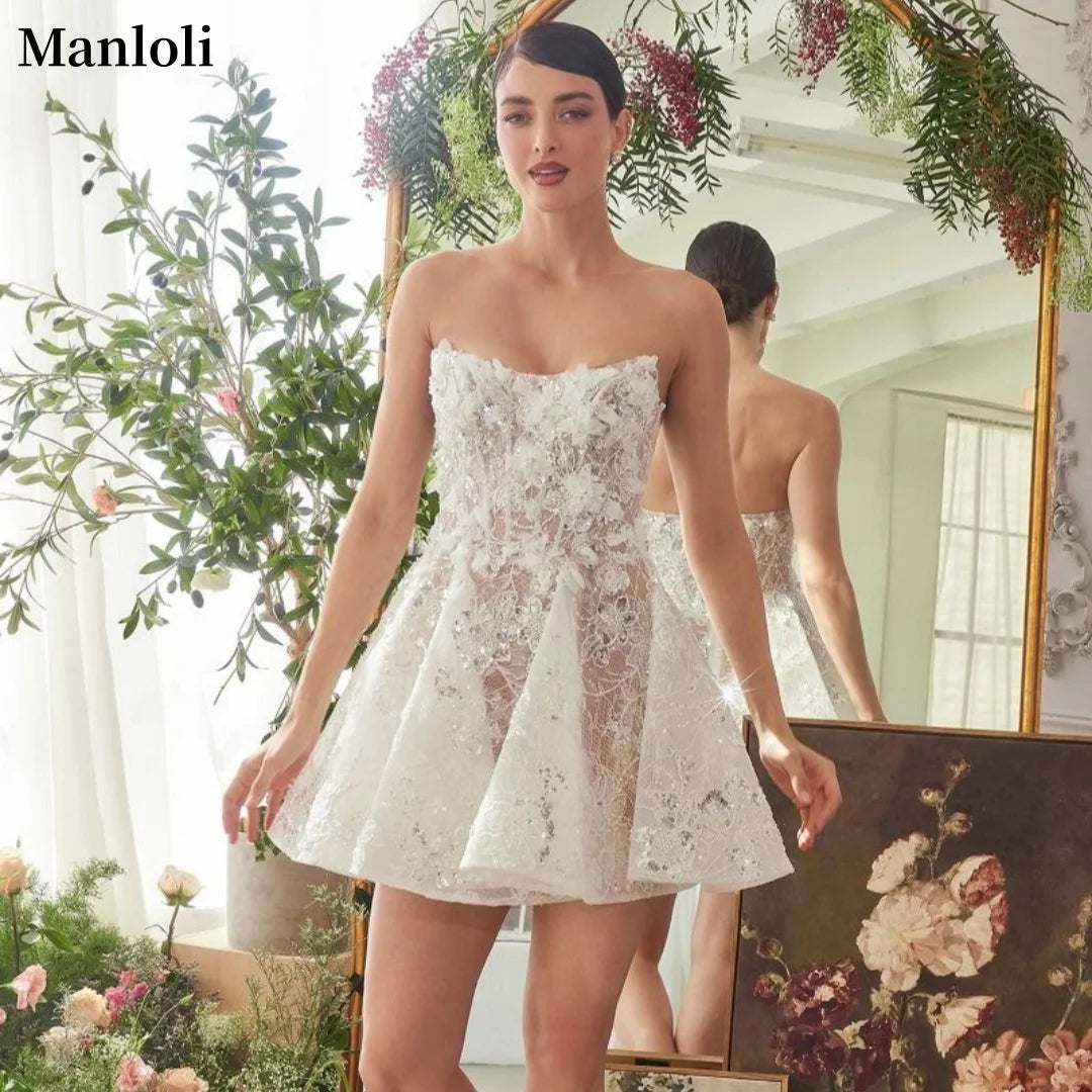 Elegant Strapless Short Wedding Dress 3D Decal Shining Mini Wedding Dress Formal Party Homecoming Dress Bridal Dress Custom