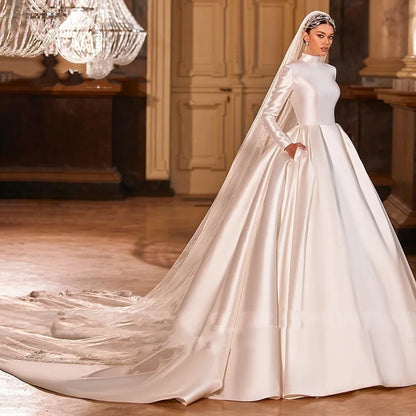 Elegant Satin High Collar Wedding Dress Long Sleeve Party Evening Dress A-line Floor length Skirt Customized Wedding Dress