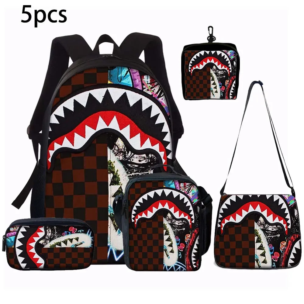 1/2/3/4/5PCS Trendy Shark Graphic Backpack Set | Perfect for School & Daily Adventures
