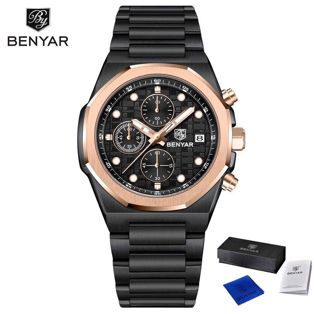 2025 New BENYAR Men's Watches Top Luxury Quartz Wristwatches Chronograph Watch For Man Stainless Steel Waterproof Clock Gift Box