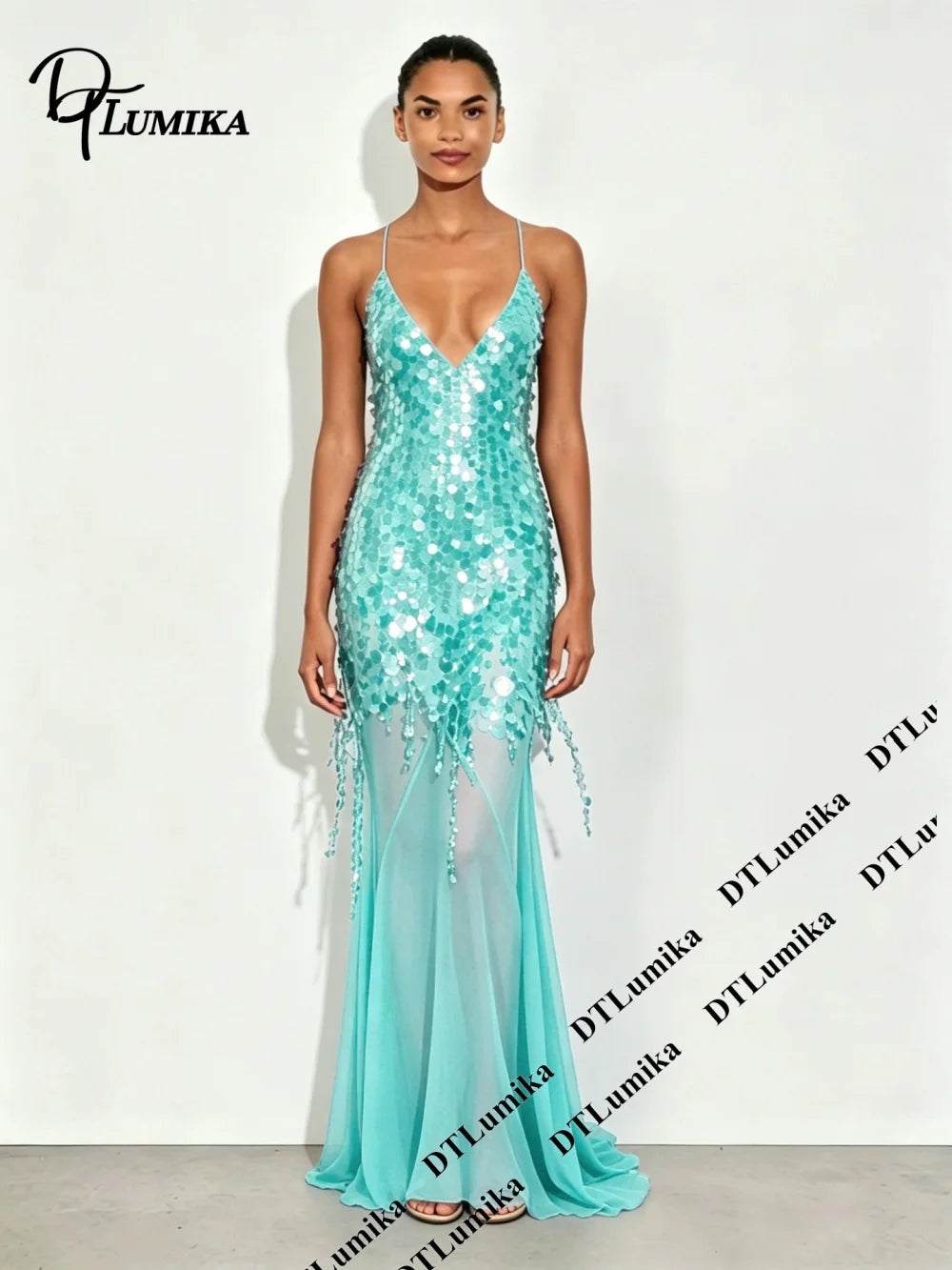 DTLumika Pale Yellow Sequin Slip Maxi Party Dress Beach Holiday Dresses for Women Spaghetti Straps Long Sheath Vacation Gowns