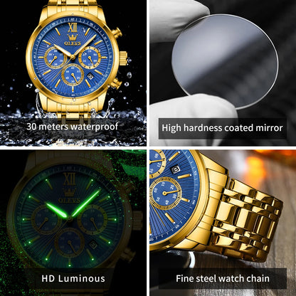 OLEVS Gold Blue Men's Watches Date Chronograph Small Dial Exclusive Design Luxury Business Waterproof Stainless steel Wristwatch