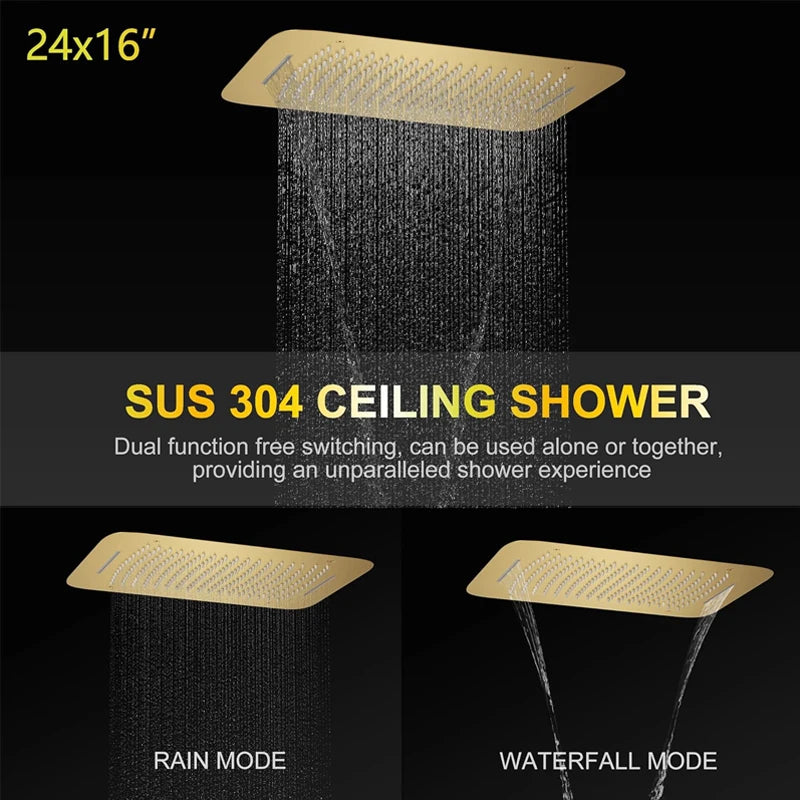 Brass Brushed Gold Digital Display Thermostatic Shower System Rainfall Shower Faucet  Bathroom Shower Faucet with Body Jets