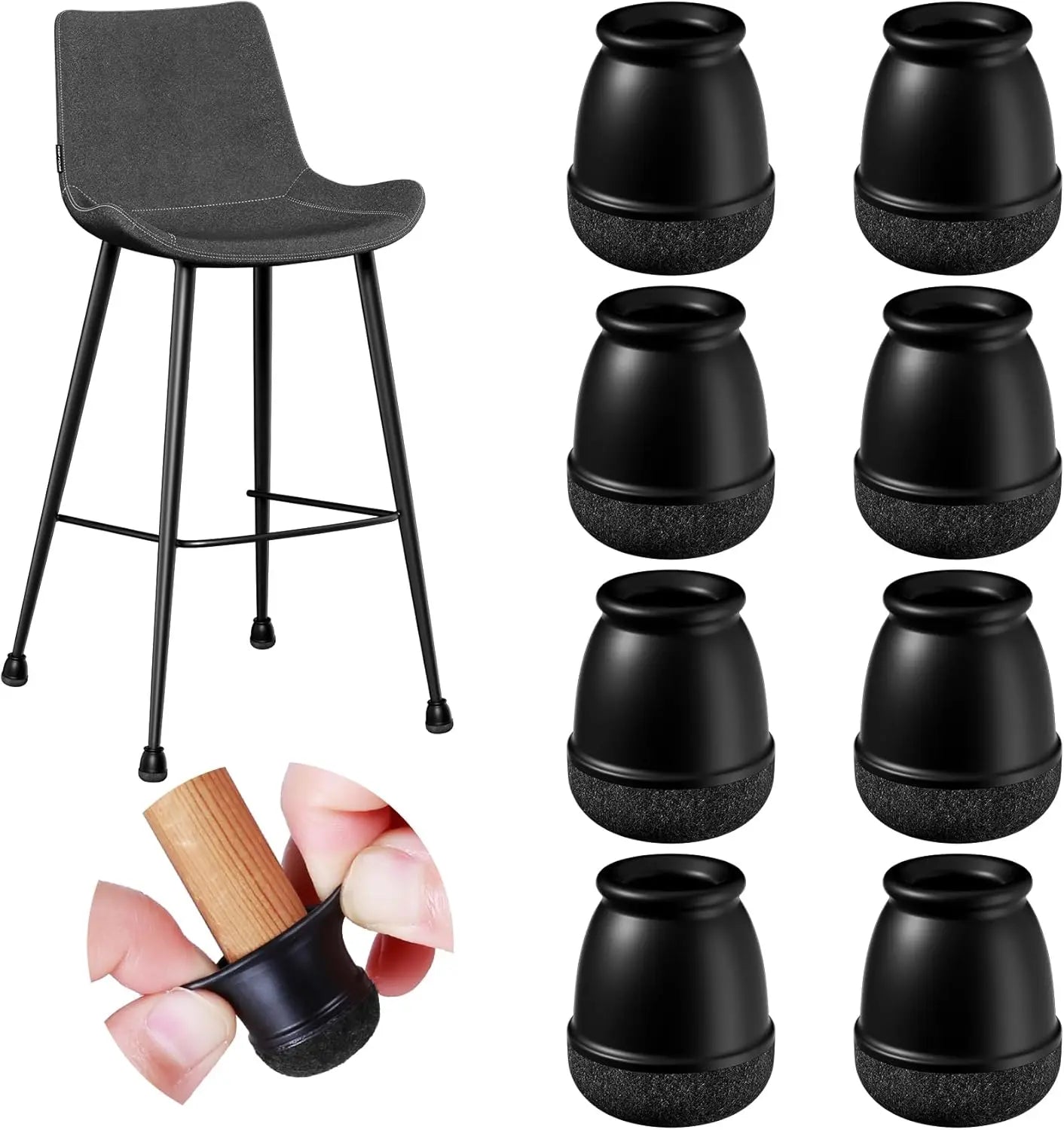 8pcs Black Round Chair Leg Protectors Anti-Slip Silicone Foot Covers for Hardwood Floors Furniture Feet Pads to Prevent Scratche