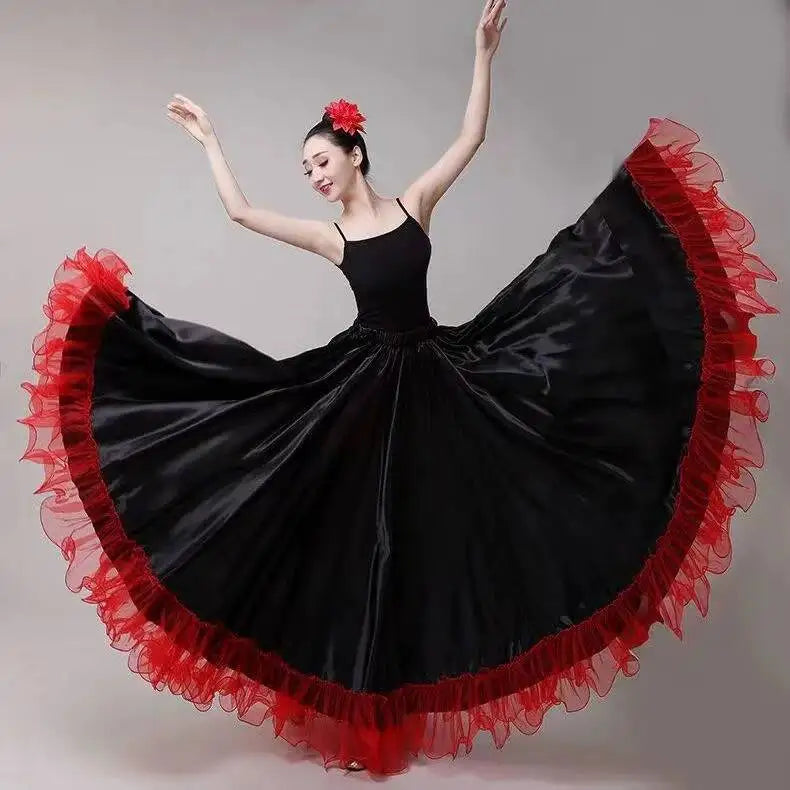 Skirt Gypsy Woman Spanish Flamenco Polyester Satin Smooth Big Swing Carnival Party Ballroom Belly Dance Costumes Dress