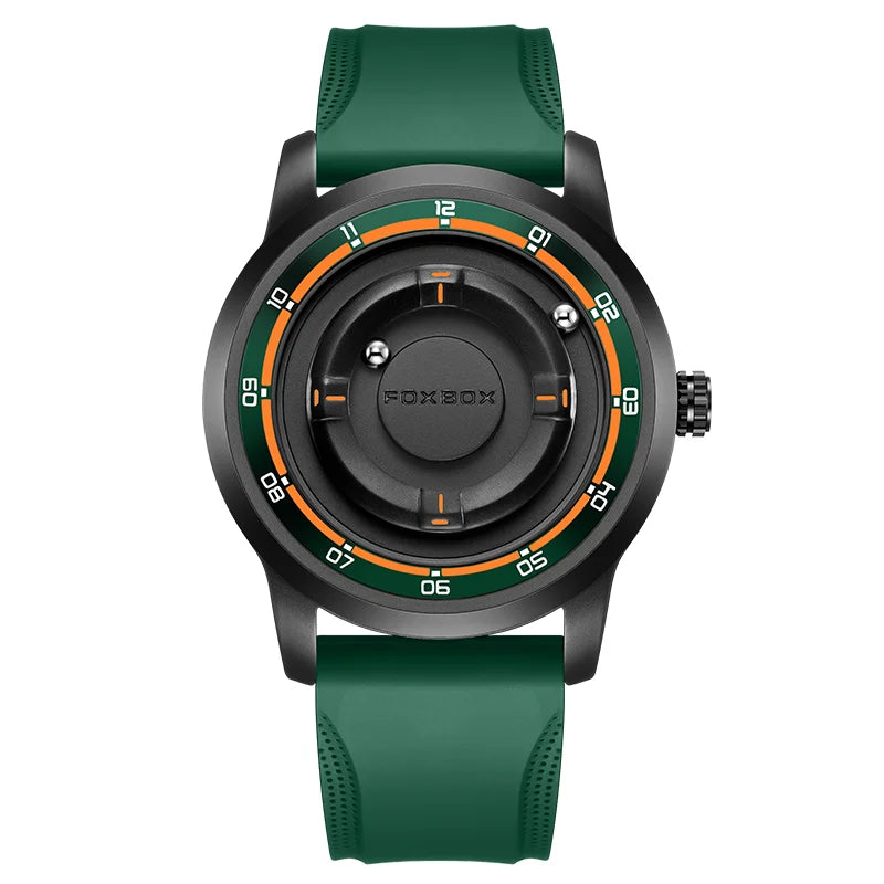FOXBOX Magnetic Driven Watch Fashion Waterproof Quartz Wristwatch Rolling Steel Ball Pointer Sports Watches Military Clock+Box