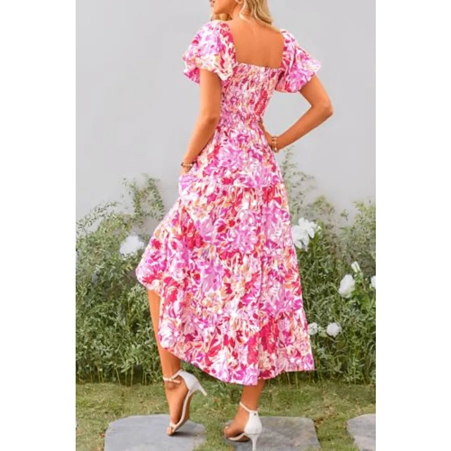 PRETTYGARDEN Women's Casual Summer Midi Dress Puffy Short Sleeve Square Neck Smocked Tie Ruffle Dresses