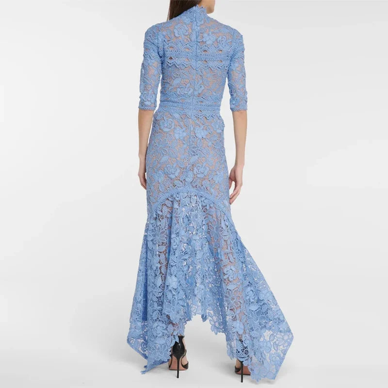 Light Mature Blue Lace Dress Irregular Dress High Low Fit Long Dress Fashion