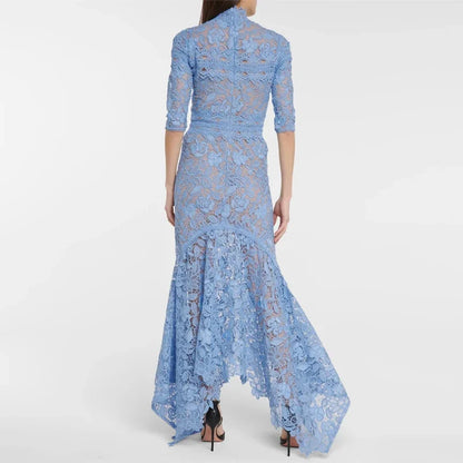 Light Mature Blue Lace Dress Irregular Dress High Low Fit Long Dress Fashion