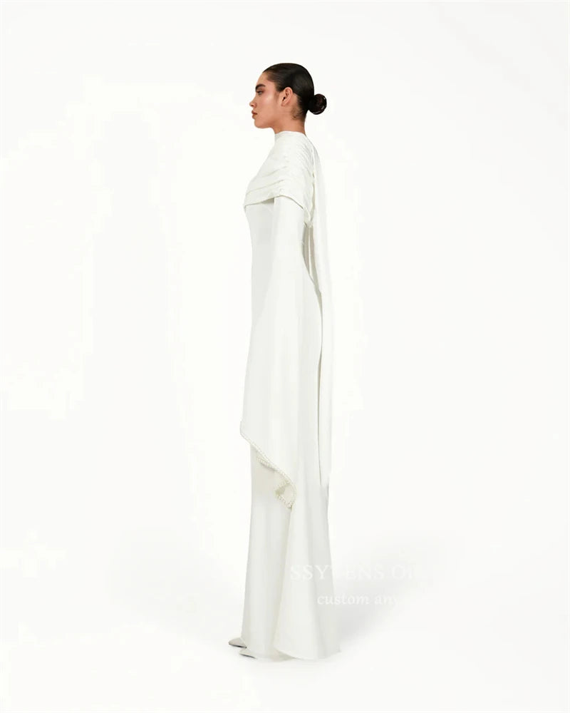 SSYTENS Modest Ivory Wedding Dresses Long Sleeves Formal Prom Gowns One Shoulder Pearls Elegant Wedding Party Dresses Customized