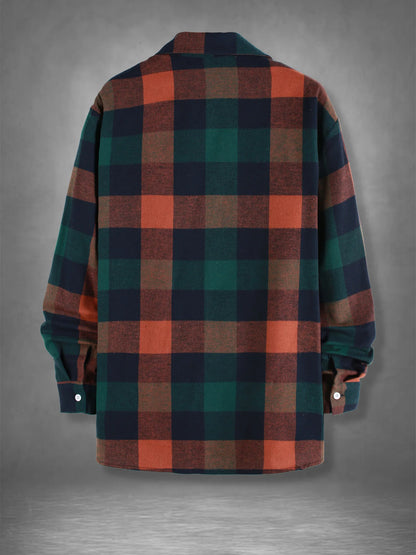 Men's Retro Orange Green Plaid Flannel Shirt Spring Fall Loose Casual Button-Down Jacket