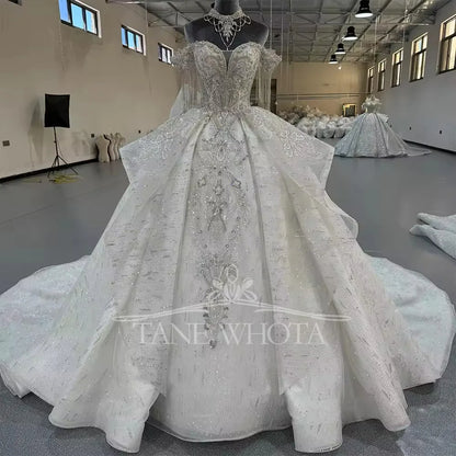 Robe De Marie Off Shoulder Tassel Sweetheart Beading Crystal Ball Gown Lace Elegant Wedding Dress