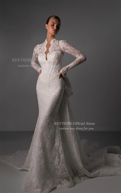 SSYTENS Luxury Lace Wedding Dresses Long Sleeves V Neck Bride Dress Detachable Bow Train Sheath Mermaid Bridal Gowns Customised
