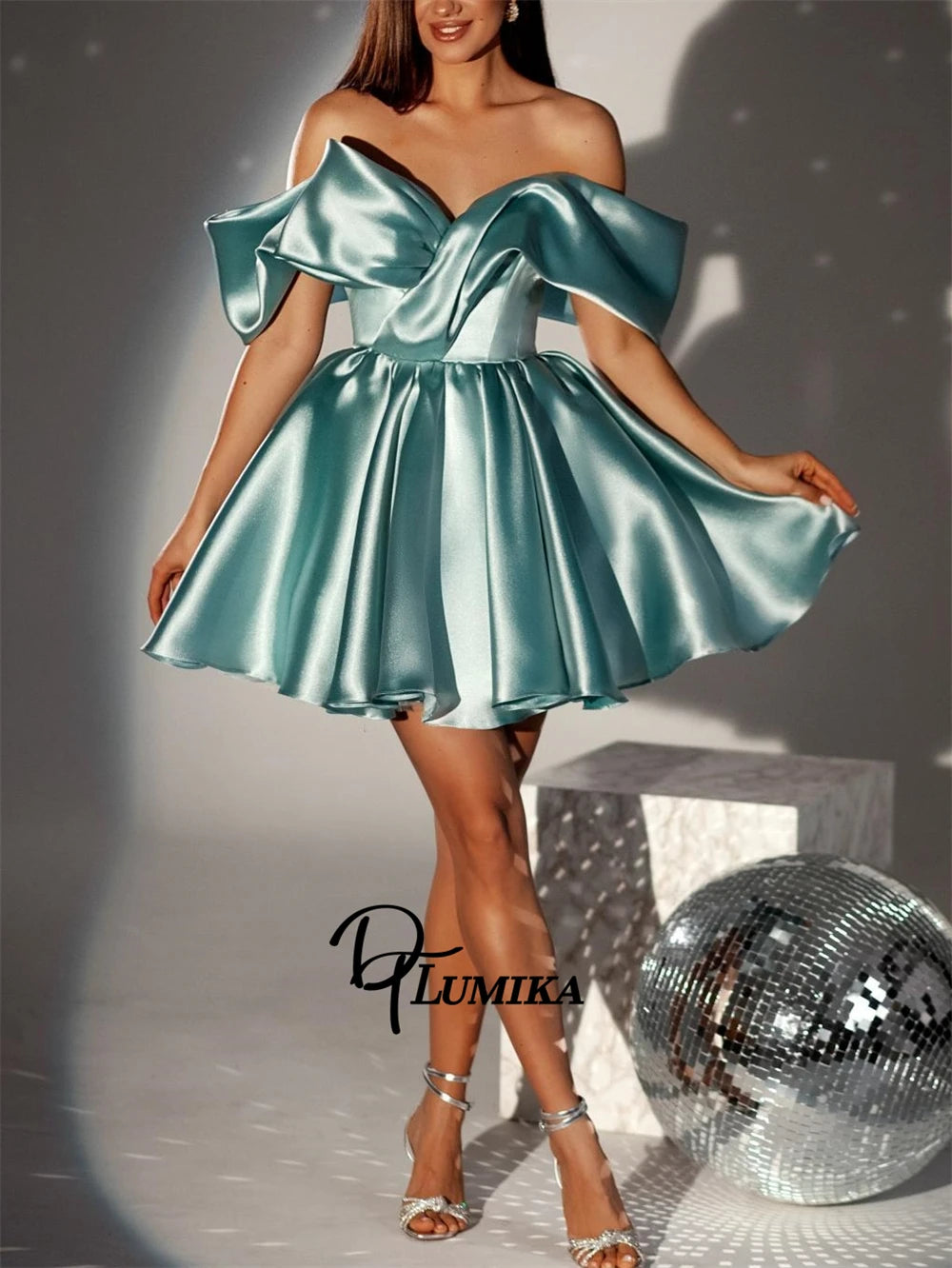 DTLumika Off the Shoulder Strapless Prom Dress Cocktail Club Formal Gowns Customized Glossy Mini Satin Party Dress for Women