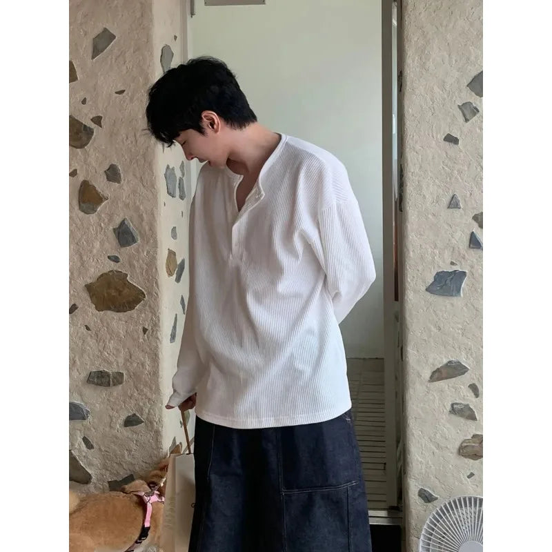 Men Henley Neck Long Sleeve T Shirt Loose Fit Casual Wfle Knit Top
