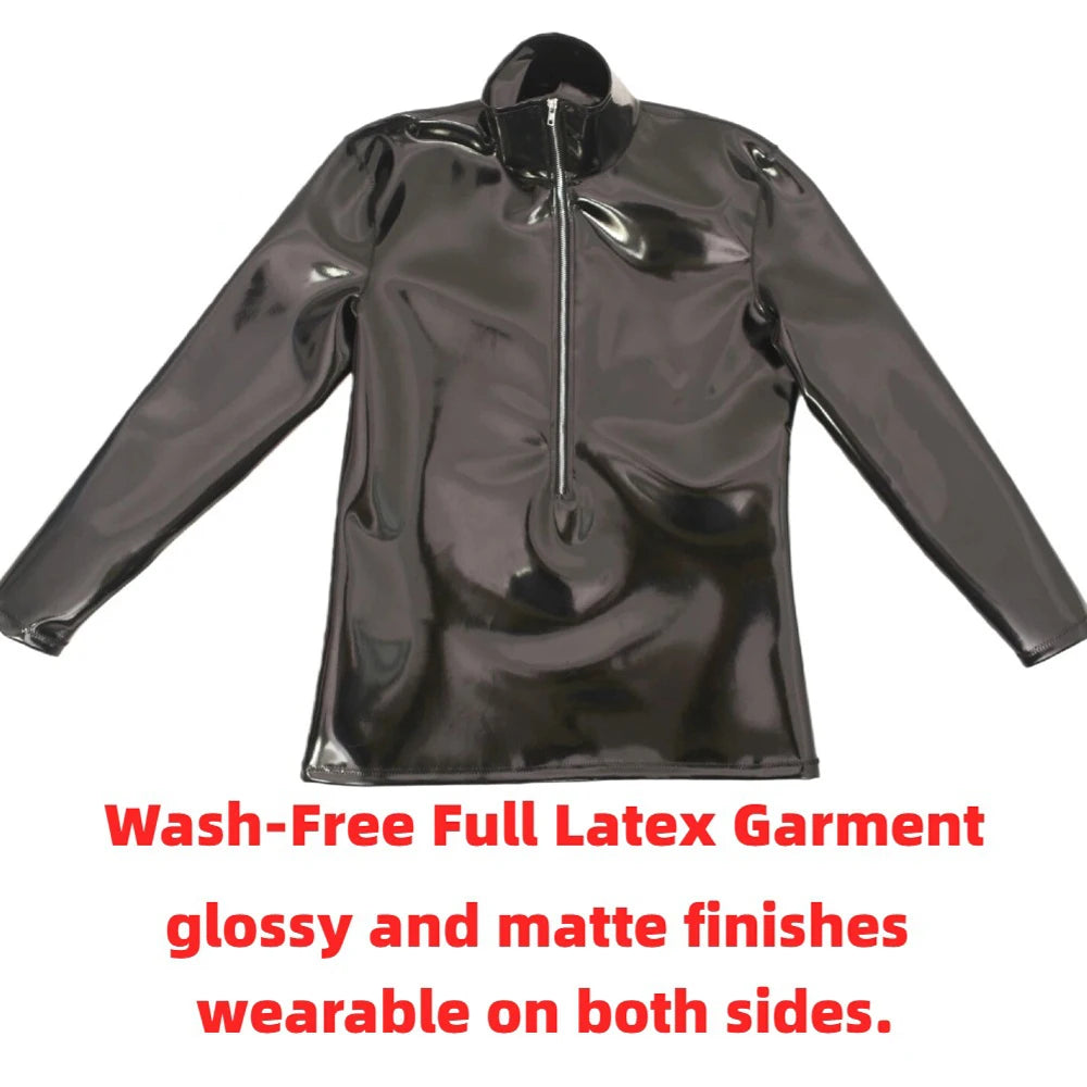 Sexy Men PVC Glossy Shiny Long Sleeve T-shirt Double Sided PU Club Dance Top Smooth Elastic Stage Wear Elastic Slim Tights