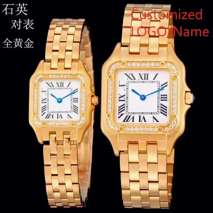 Stylish Panthere Inspired Couple Watch Precise Quartz Movement Elegant Yellow Gold Diamond Bezel Wear Resistant Silver Stainless