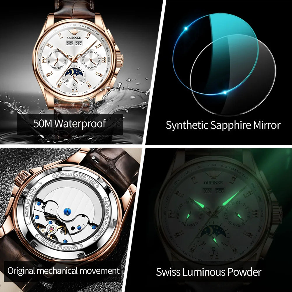 OUPINKE Men's Watches Casual Trend Leather Strap Original Automatic Mechanical Watch for Man Waterproof Moon Phase Calendar New